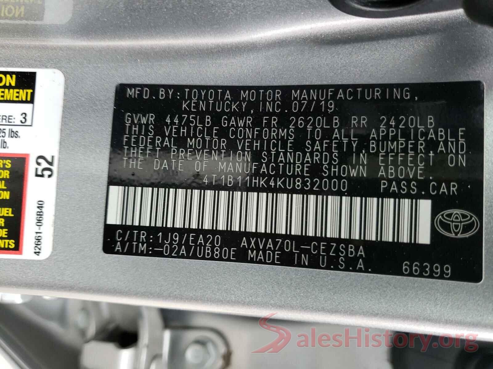 4T1B11HK4KU832000 2019 TOYOTA CAMRY