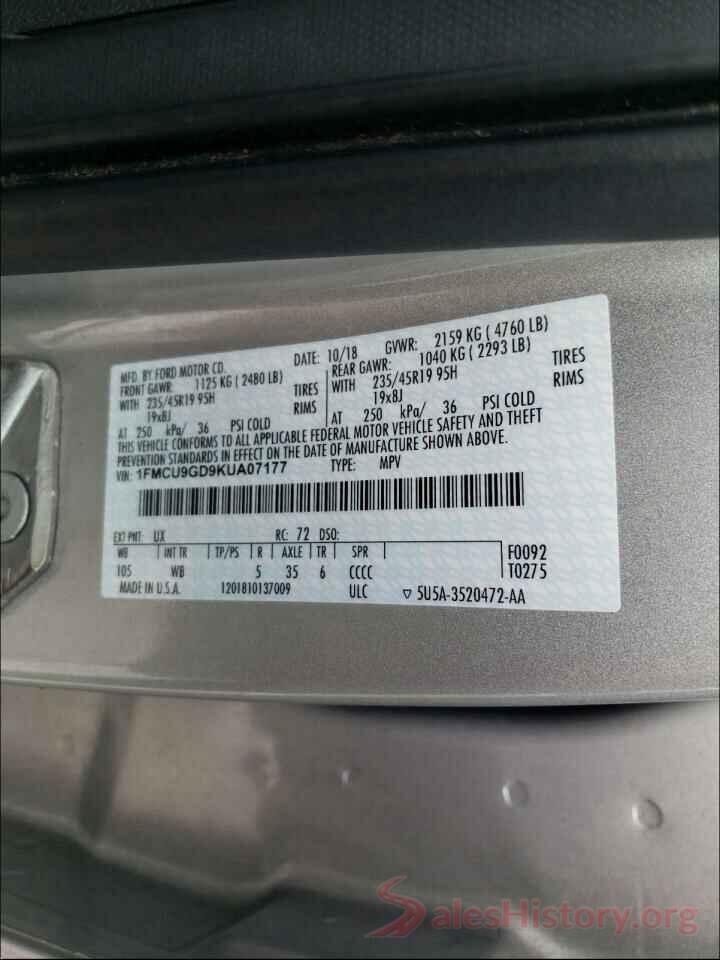 1FMCU9GD9KUA07177 2019 FORD ESCAPE