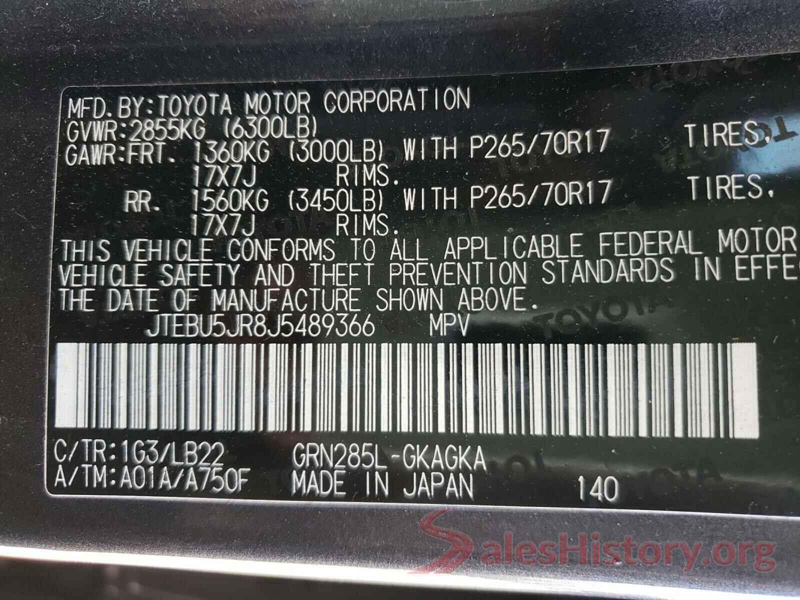 JTEBU5JR8J5489366 2018 TOYOTA 4RUNNER