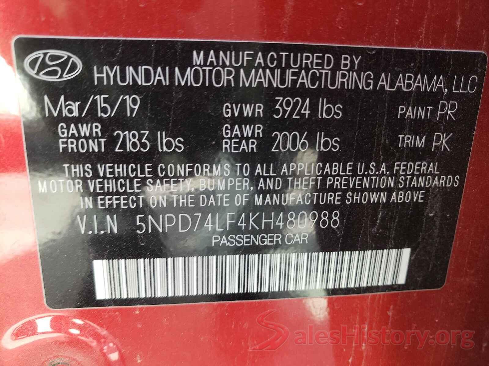 5NPD74LF4KH480988 2019 HYUNDAI ELANTRA