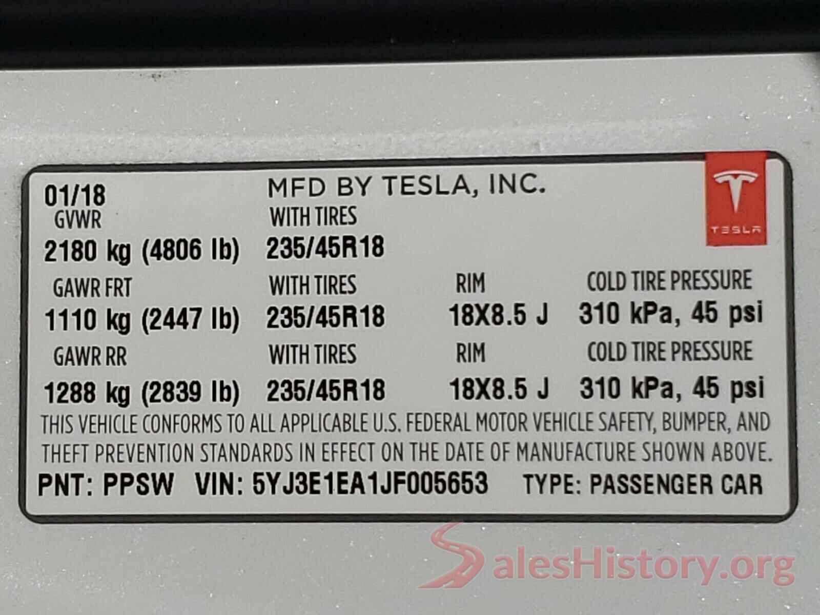 5YJ3E1EA1JF005653 2018 TESLA MODEL 3