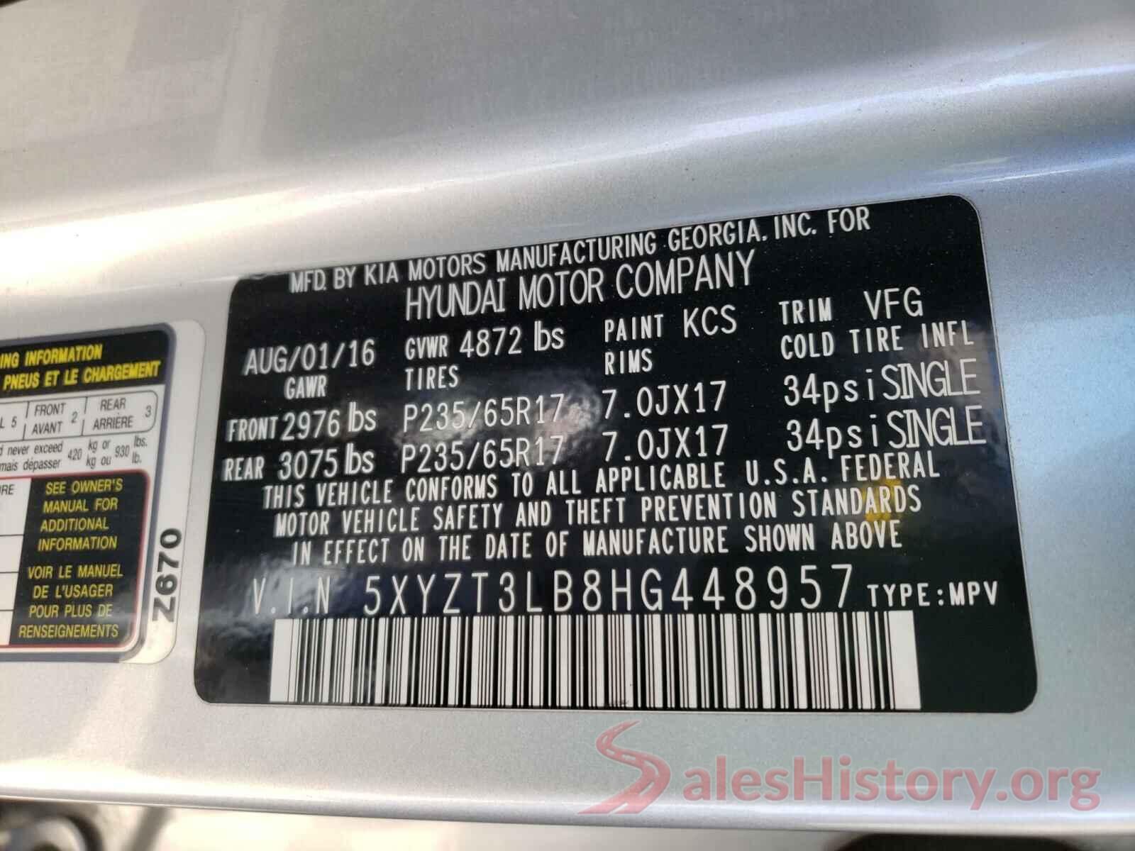 5XYZT3LB8HG448957 2017 HYUNDAI SANTA FE