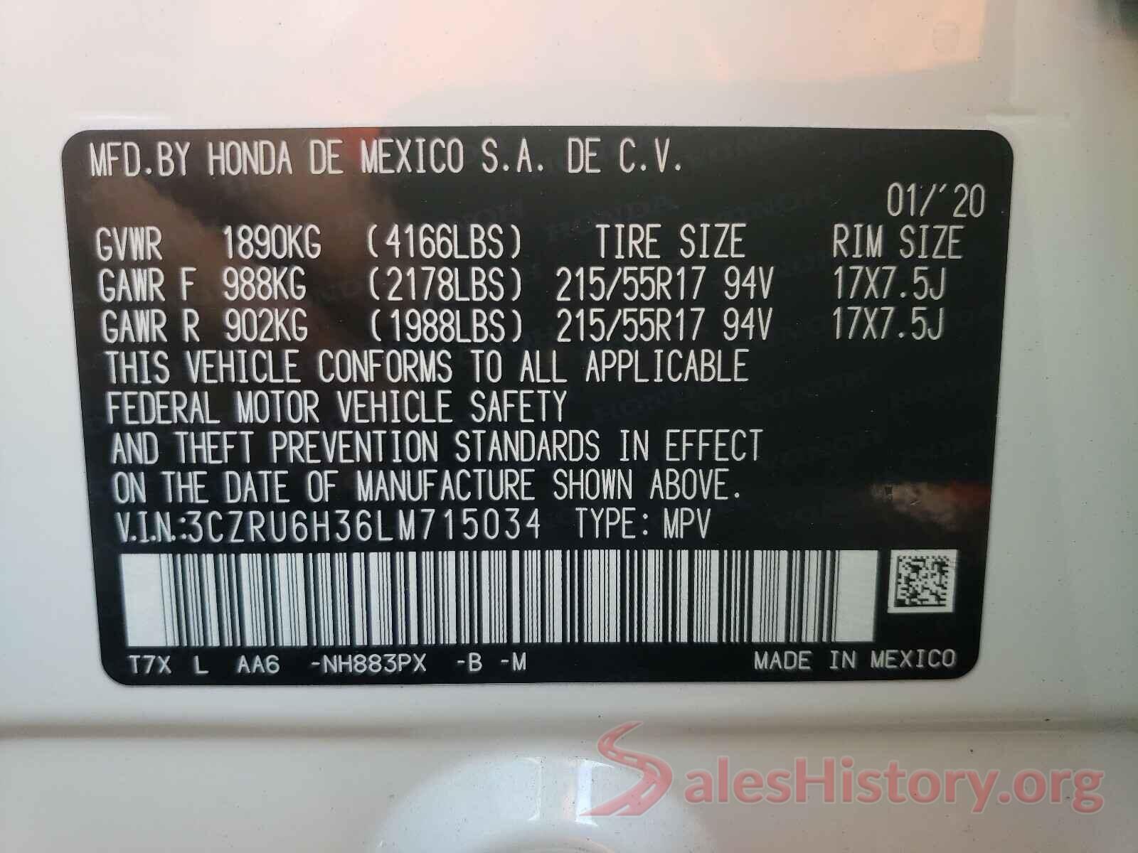 3CZRU6H36LM715034 2020 HONDA HR-V