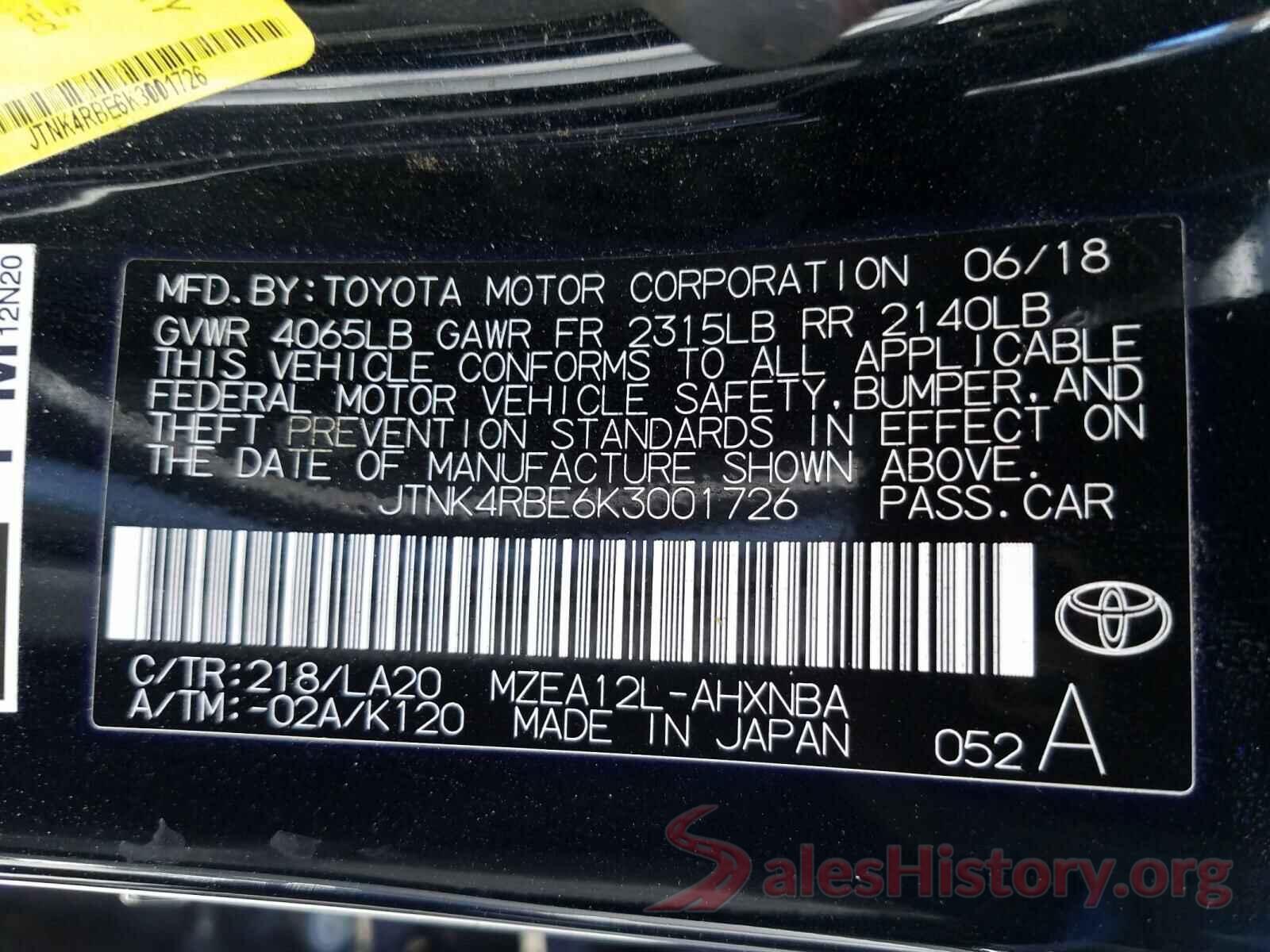 JTNK4RBE6K3001726 2019 TOYOTA COROLLA