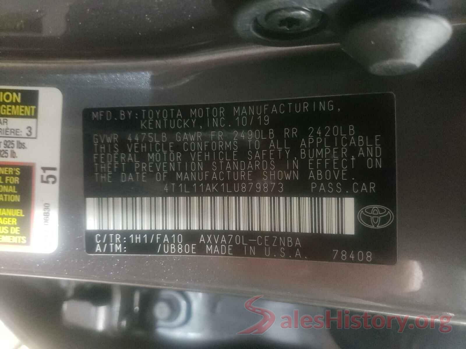 4T1L11AK1LU879873 2020 TOYOTA CAMRY