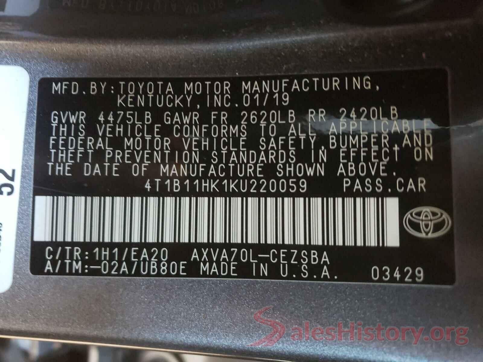 4T1B11HK1KU220059 2019 TOYOTA CAMRY