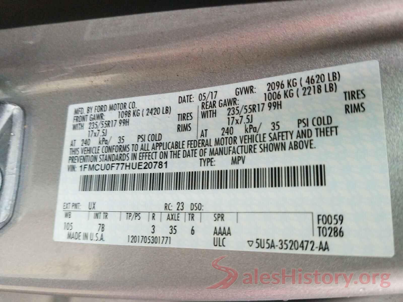 1FMCU0F77HUE20781 2017 FORD ESCAPE