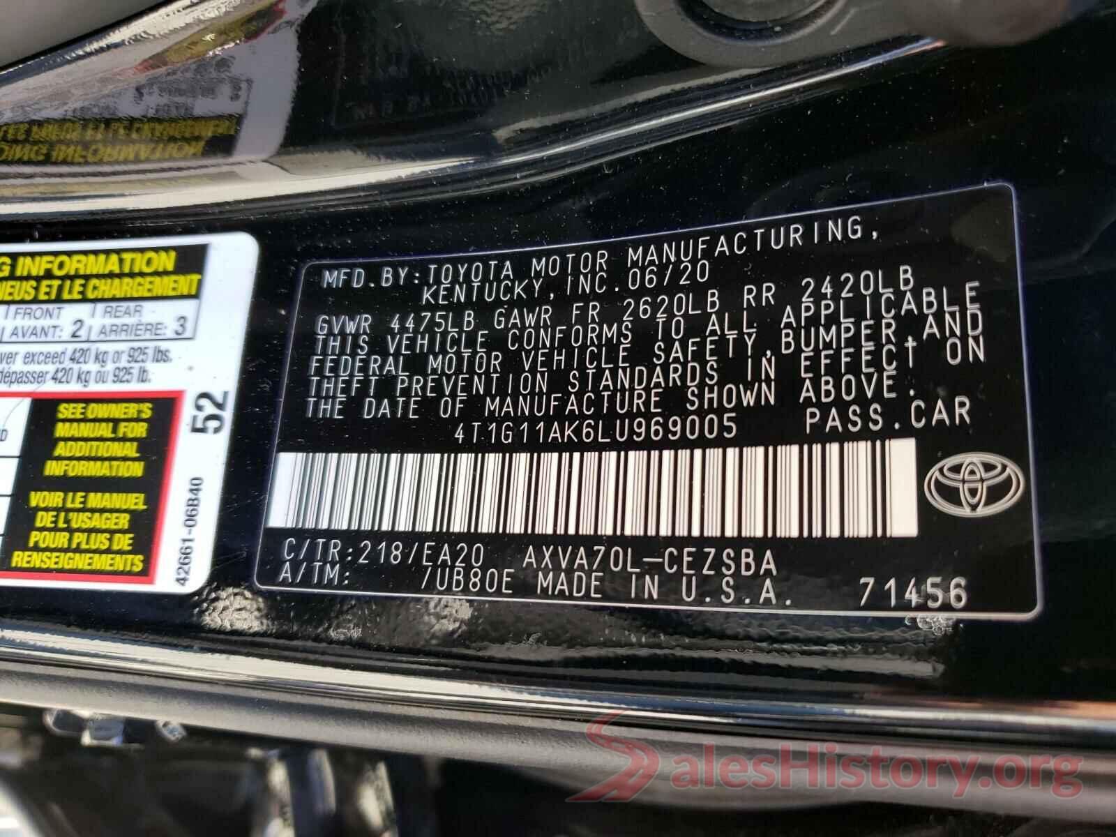 4T1G11AK6LU969005 2020 TOYOTA CAMRY