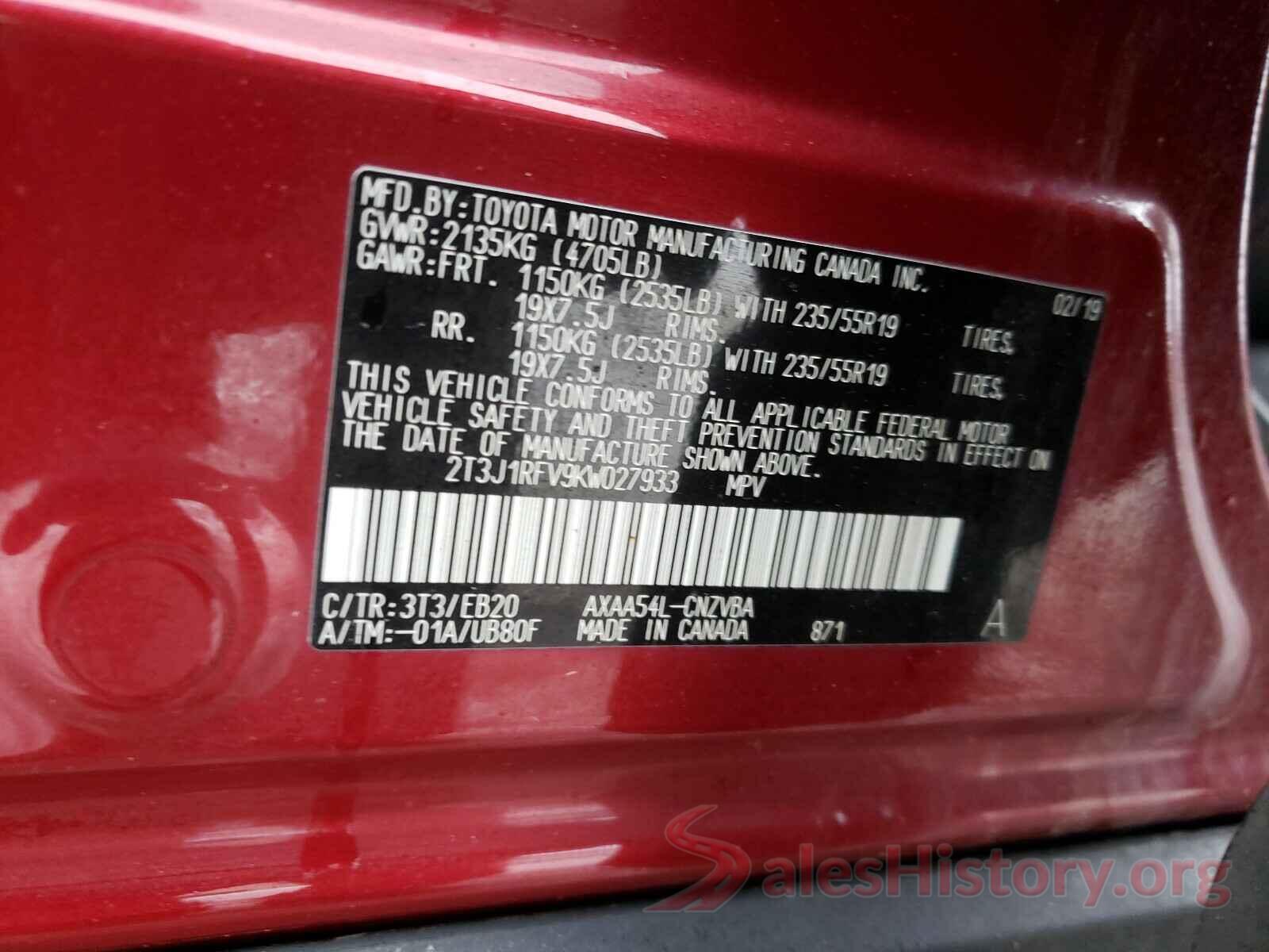 2T3J1RFV9KW027933 2019 TOYOTA RAV4