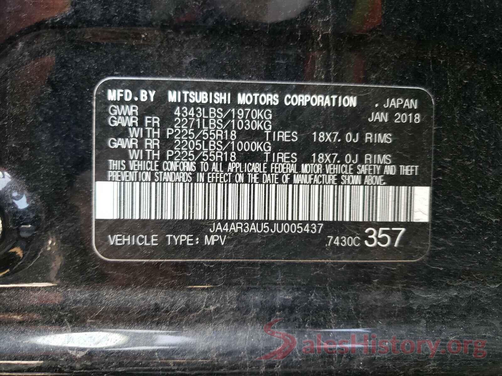 JA4AR3AU5JU005437 2018 MITSUBISHI OUTLANDER