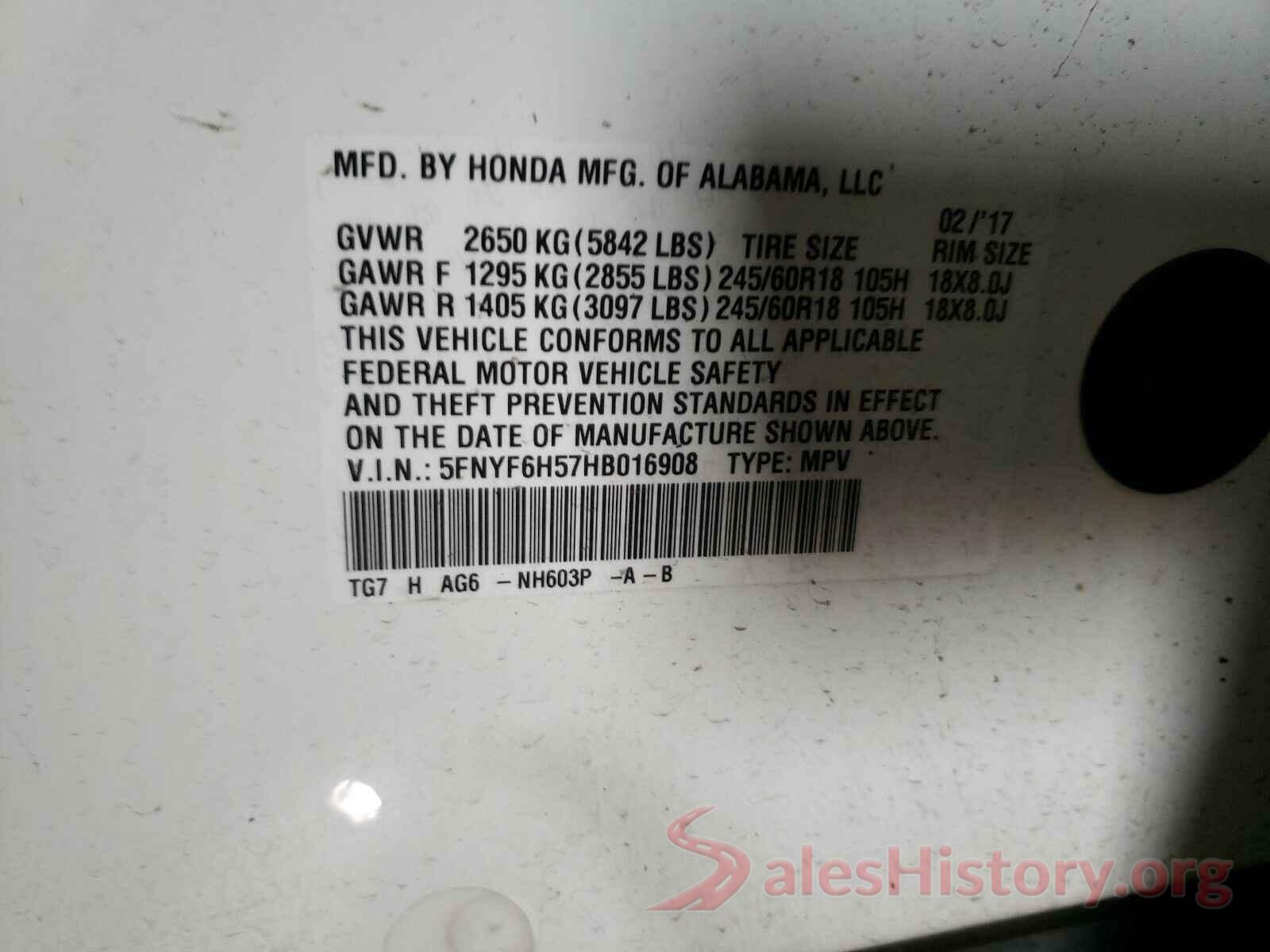 5FNYF6H57HB016908 2017 HONDA PILOT