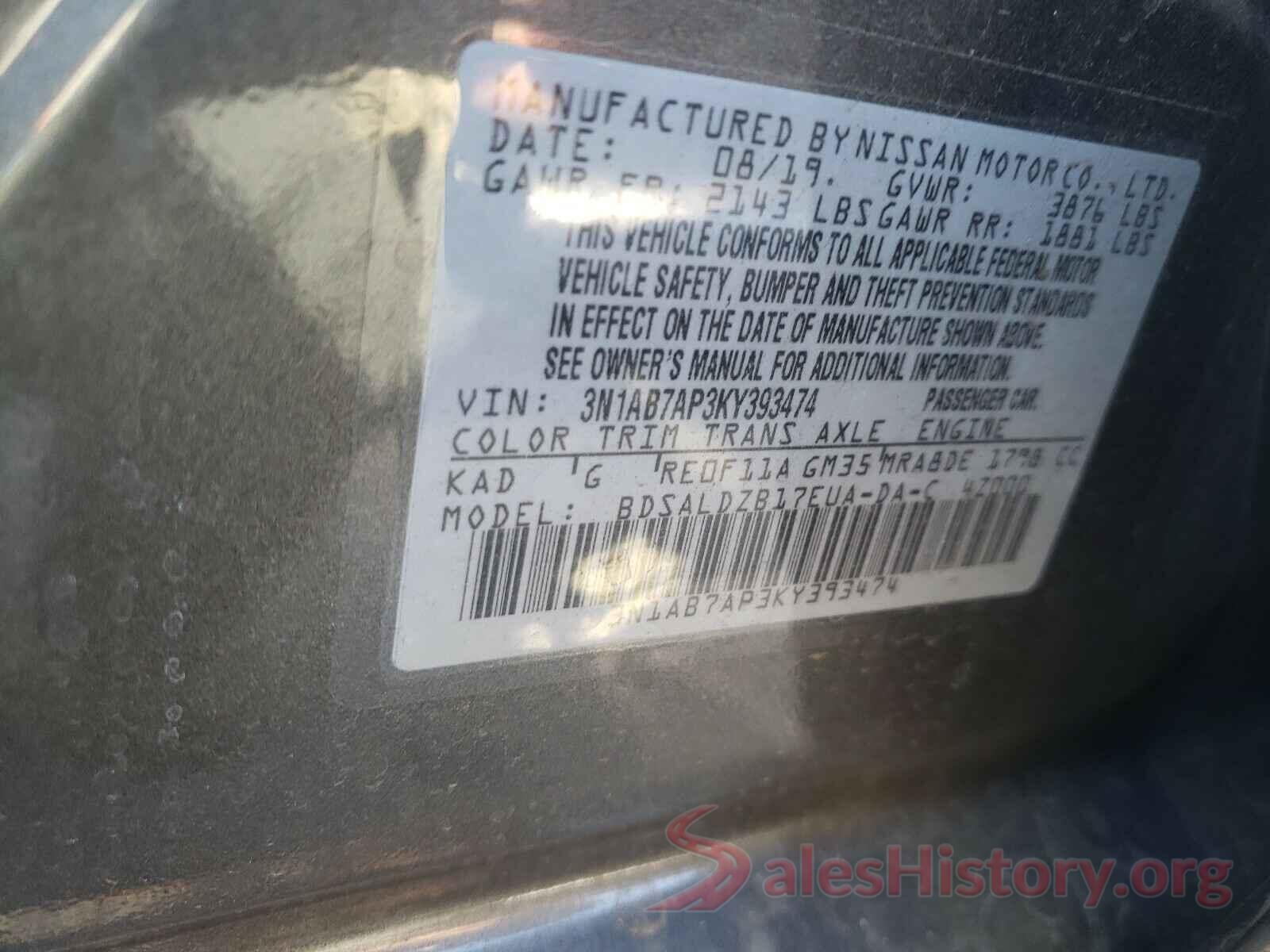 3N1AB7AP3KY393474 2019 NISSAN SENTRA