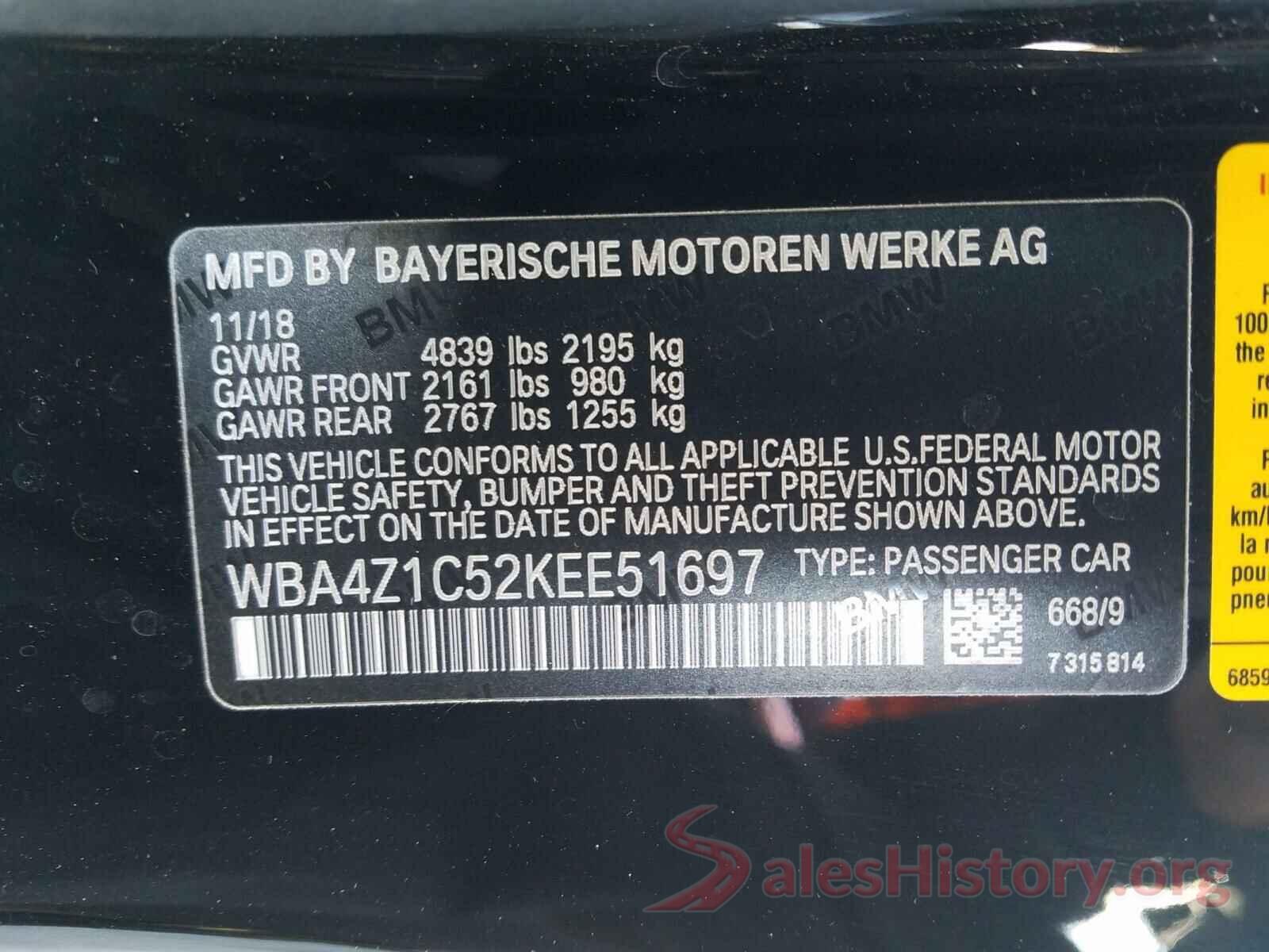 WBA4Z1C52KEE51697 2019 BMW 4 SERIES