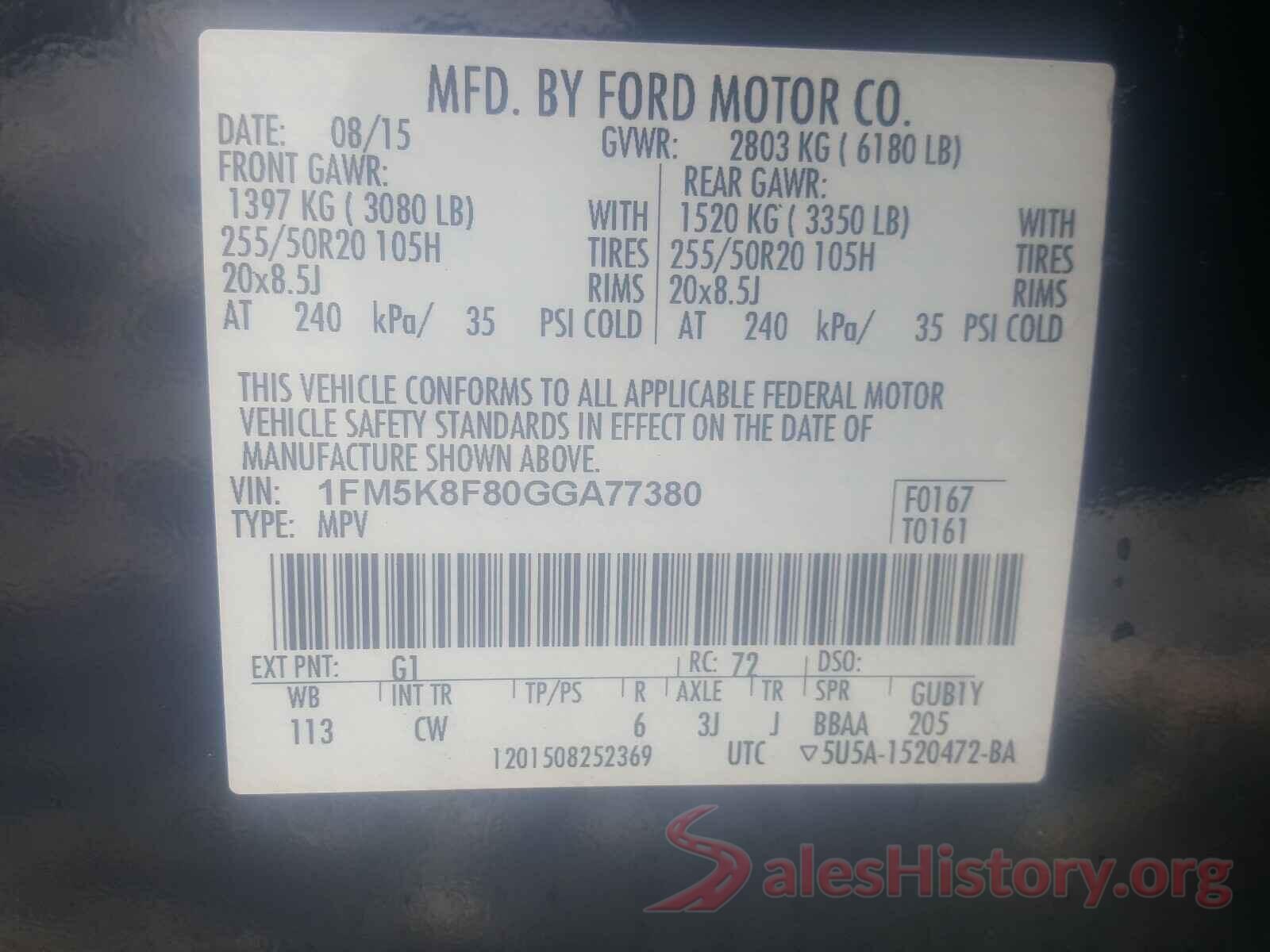 1FM5K8F80GGA77380 2016 FORD EXPLORER