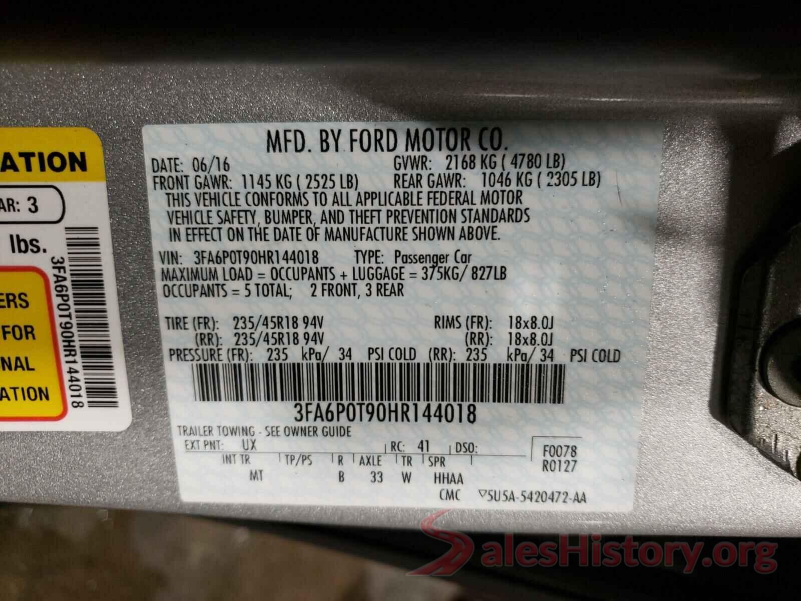 3FA6P0T90HR144018 2017 FORD FUSION