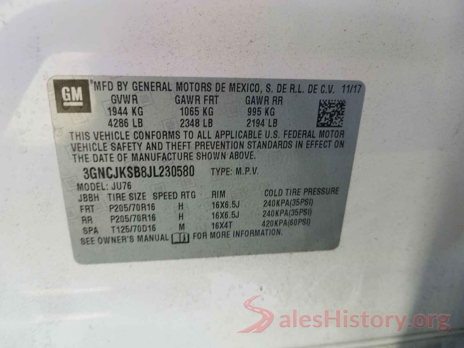 3GNCJKSB8JL230580 2018 CHEVROLET TRAX