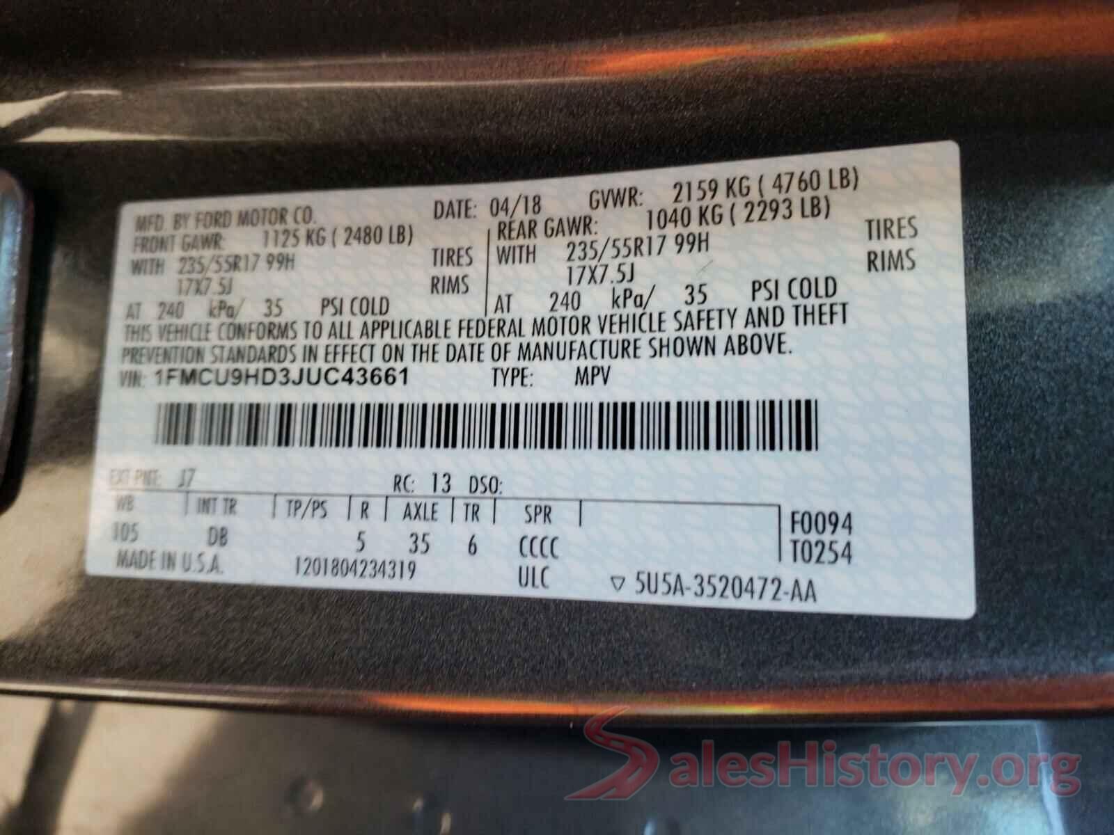 1FMCU9HD3JUC43661 2018 FORD ESCAPE