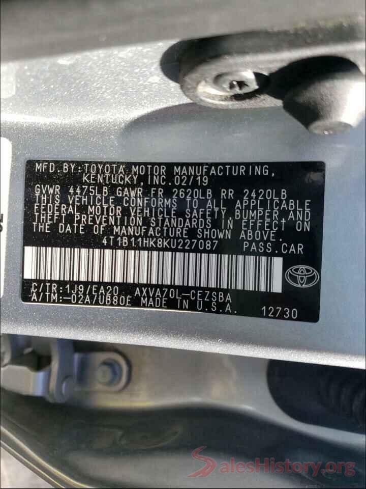 4T1B11HK8KU227087 2019 TOYOTA CAMRY