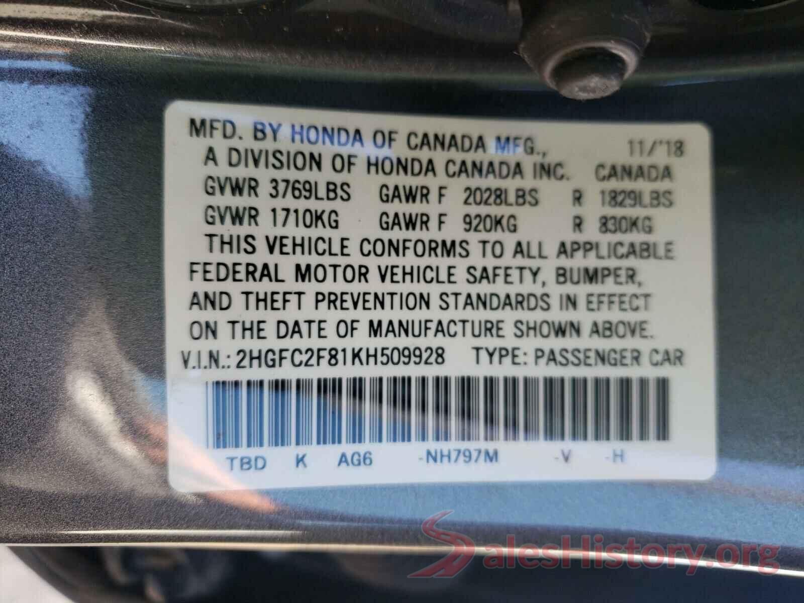 2HGFC2F81KH509928 2019 HONDA CIVIC