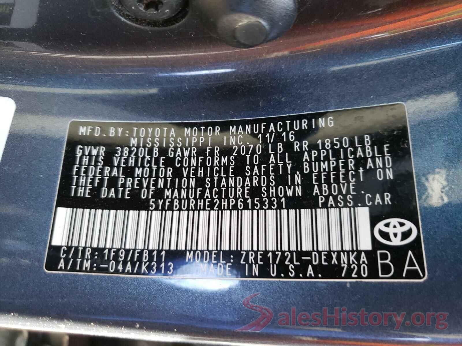 5YFBURHE2HP615331 2017 TOYOTA COROLLA