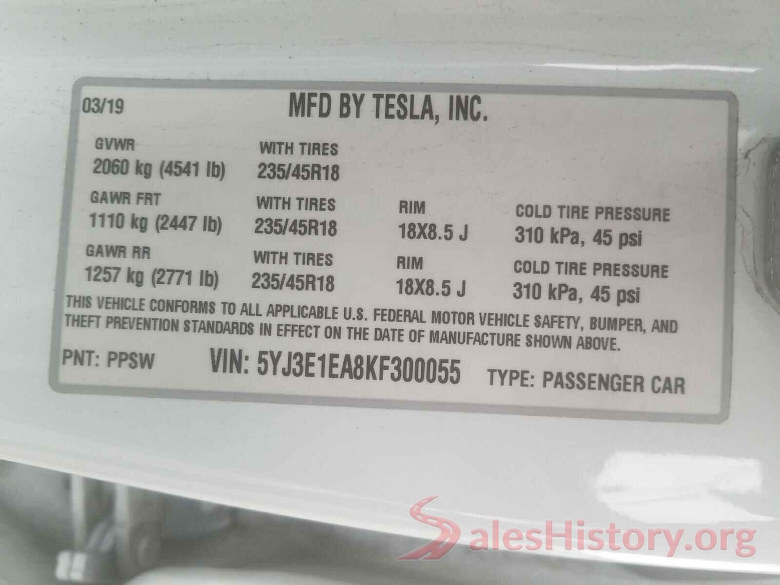 5YJ3E1EA8KF300055 2019 TESLA MODEL 3