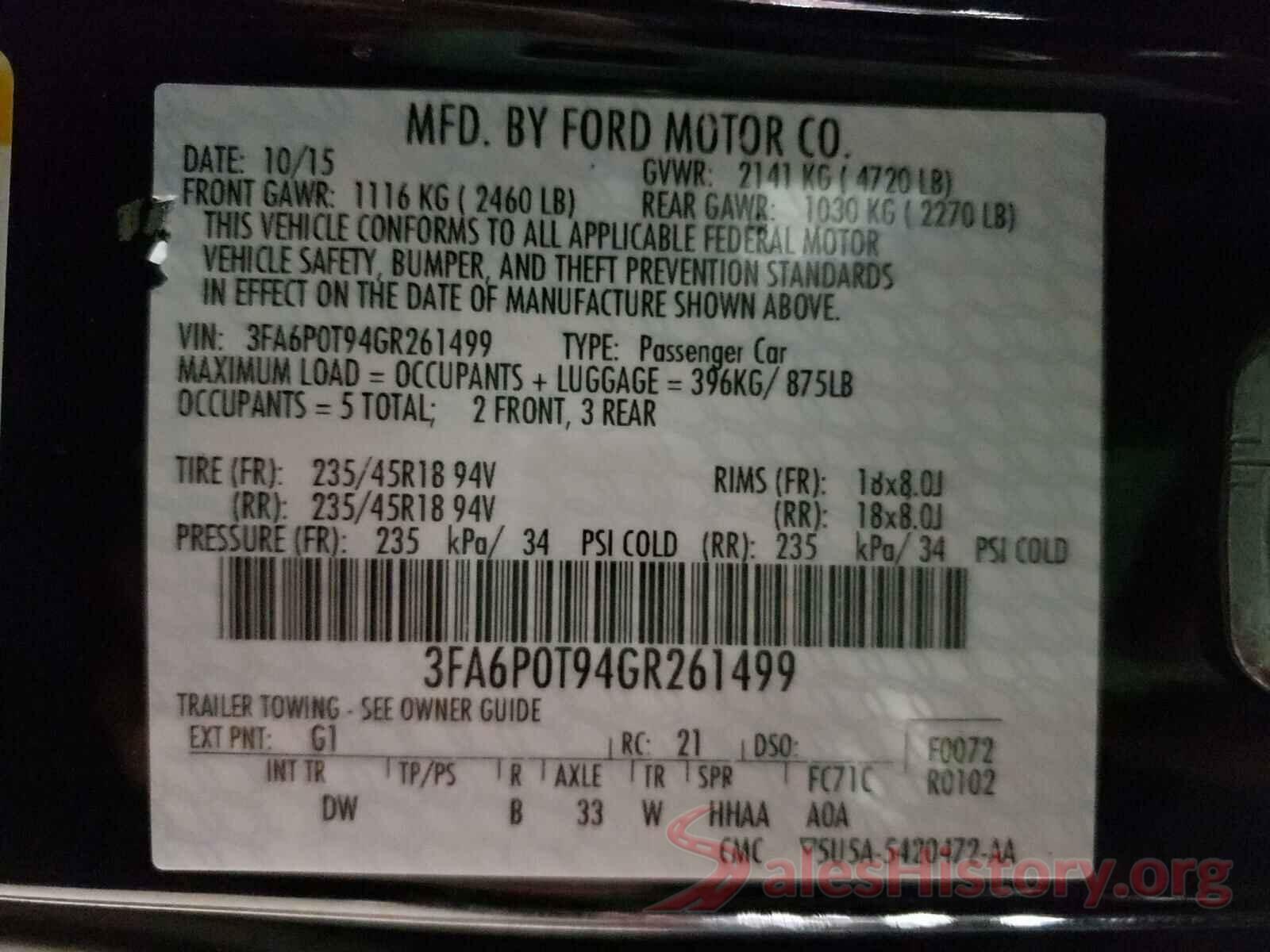 3FA6P0T94GR261499 2016 FORD FUSION