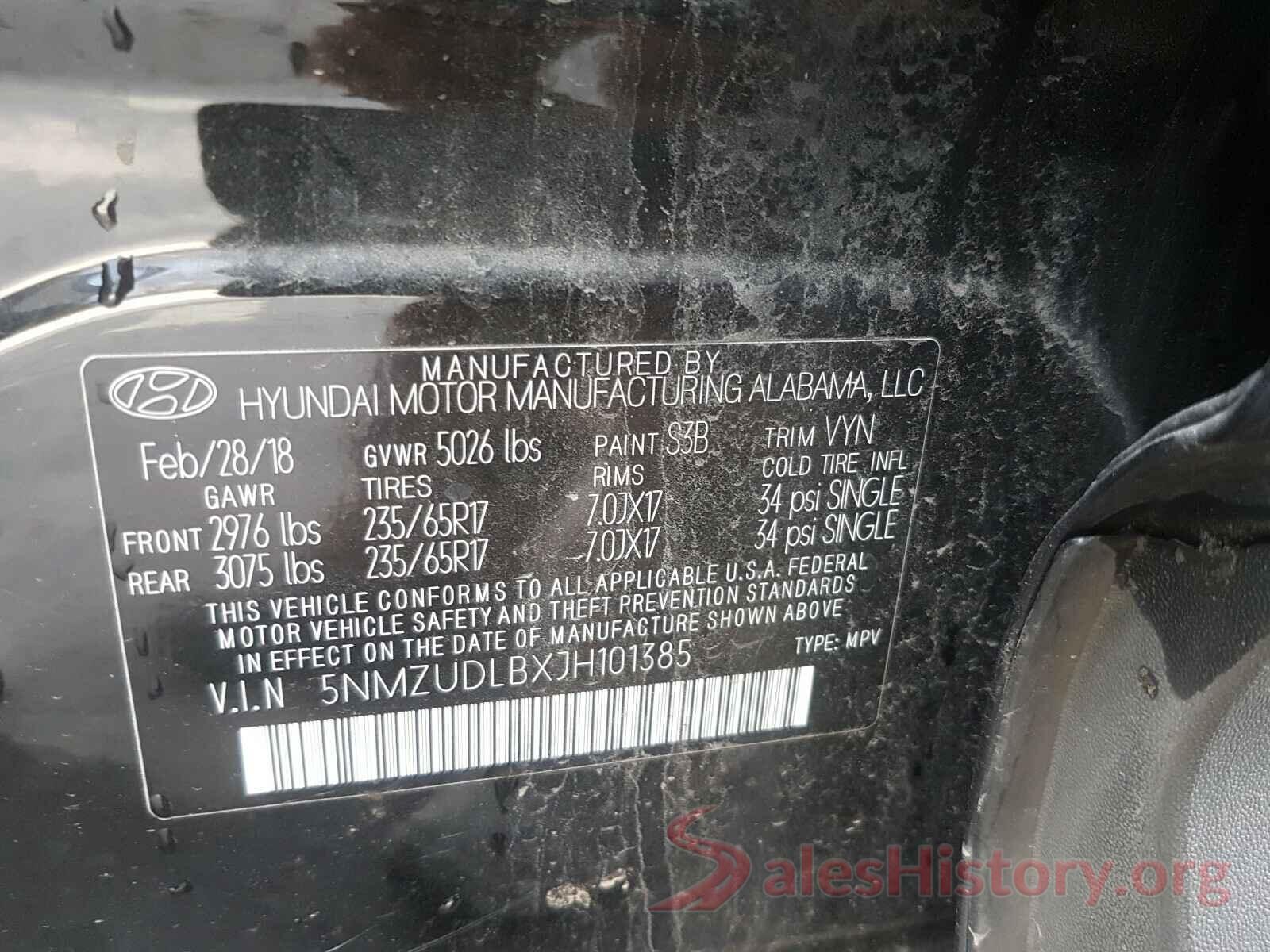 5NMZUDLBXJH101385 2018 HYUNDAI SANTA FE