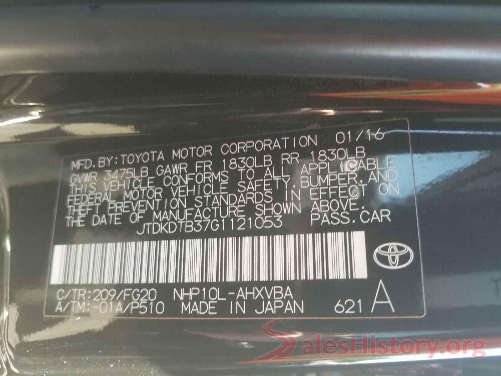 JTDKDTB37G1121053 2016 TOYOTA PRIUS