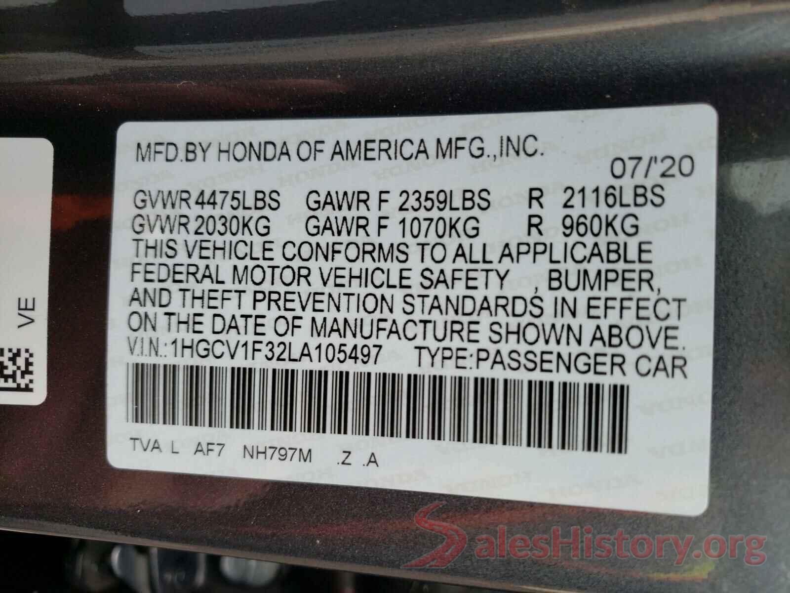 1HGCV1F32LA105497 2020 HONDA ACCORD