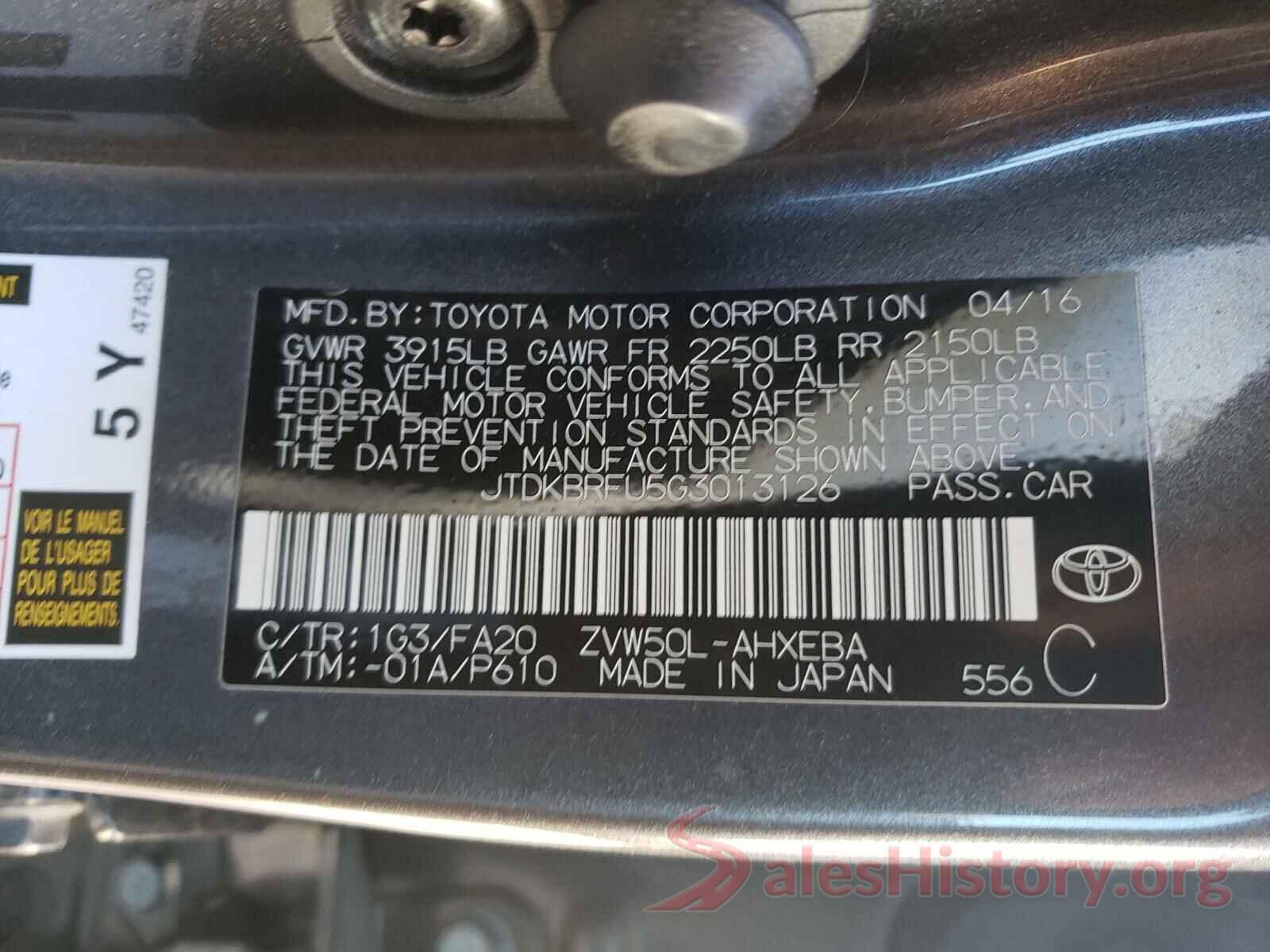 JTDKBRFU5G3013126 2016 TOYOTA PRIUS