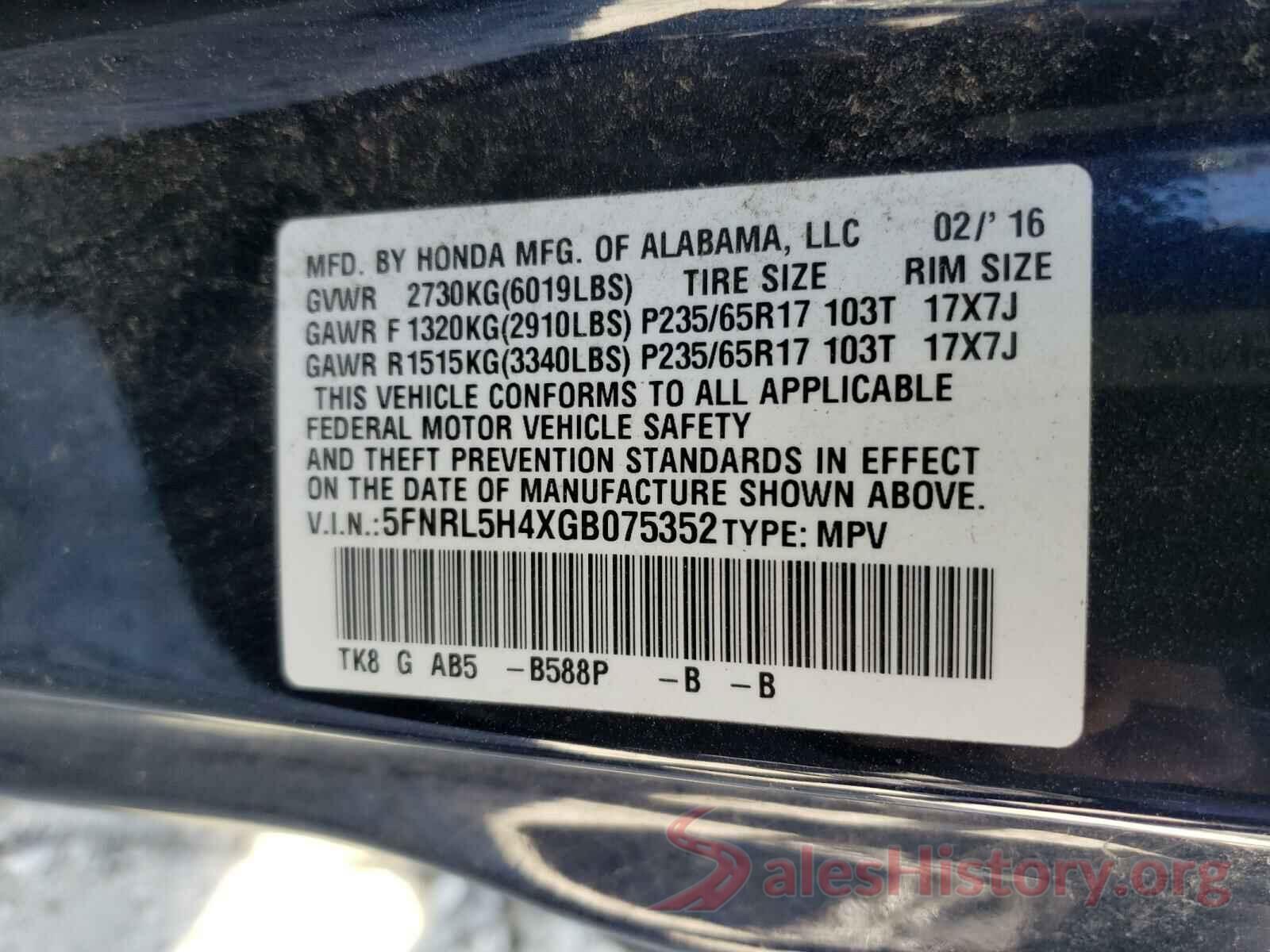 5FNRL5H4XGB075352 2016 HONDA ODYSSEY