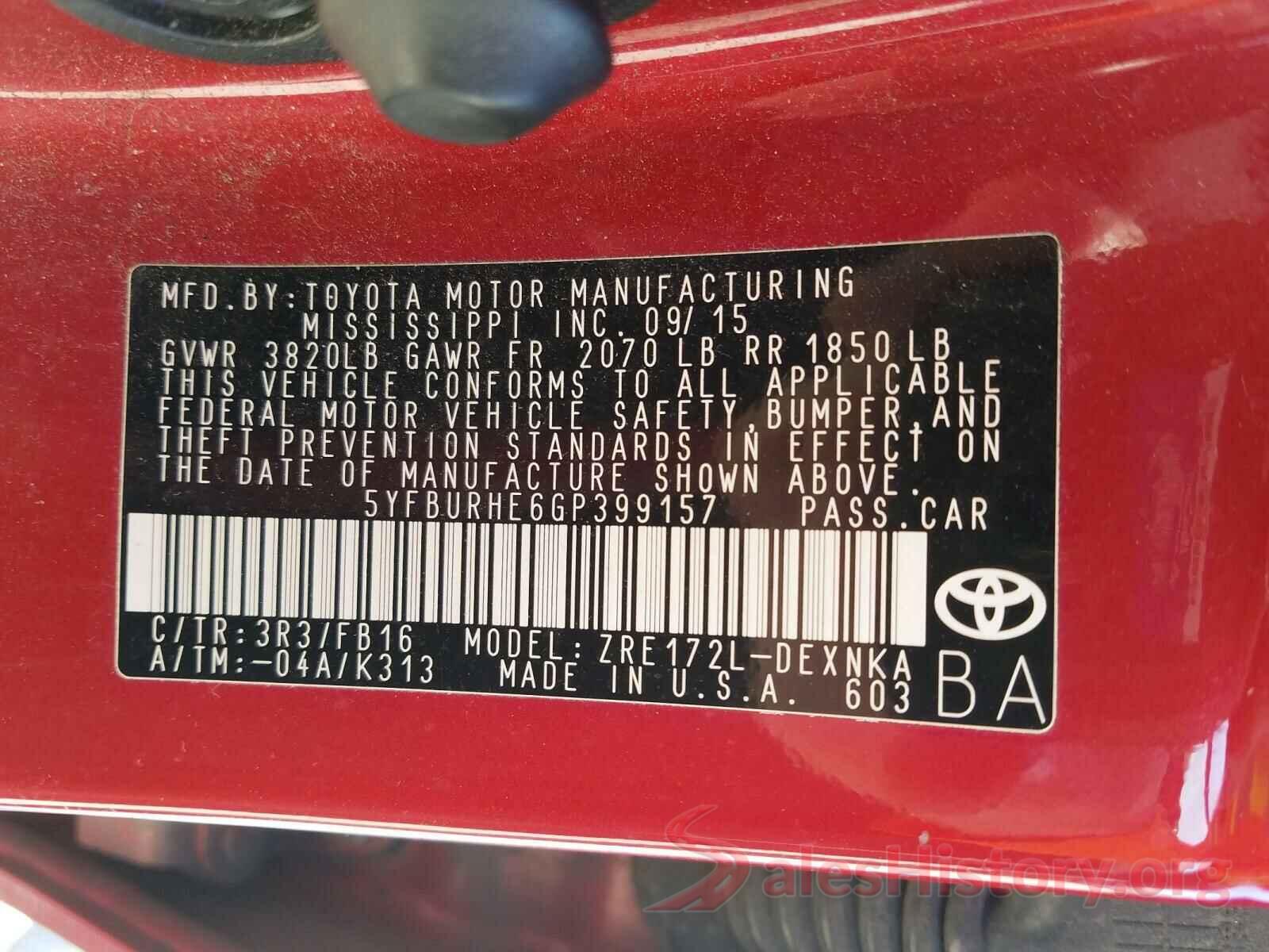 5YFBURHE6GP399157 2016 TOYOTA COROLLA