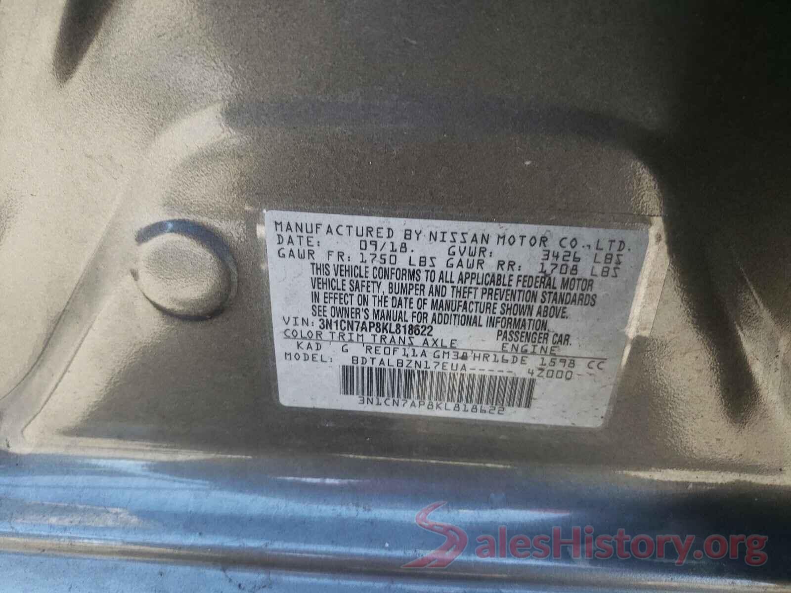 3N1CN7AP8KL818622 2019 NISSAN VERSA