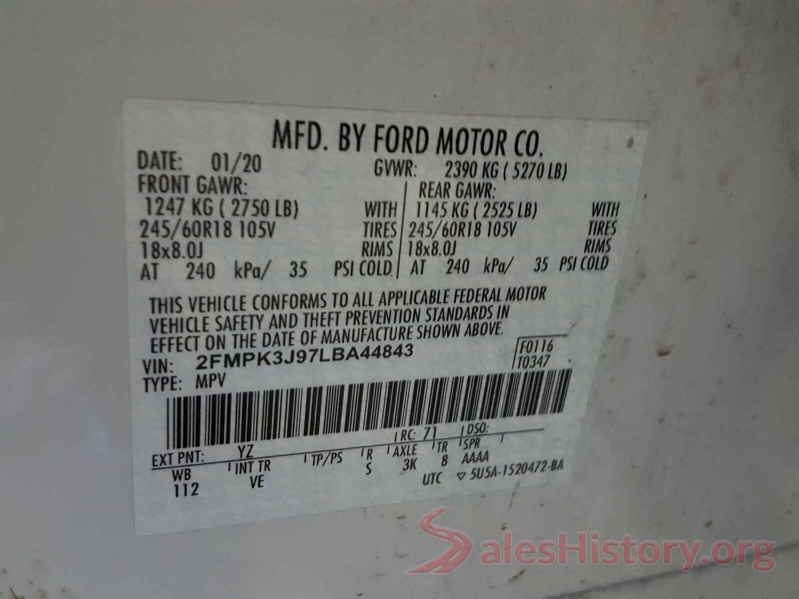 2FMPK3J97LBA44843 2020 FORD EDGE