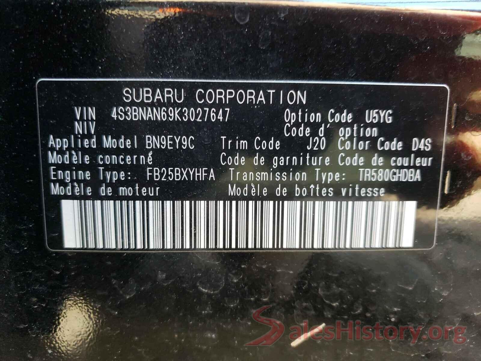 4S3BNAN69K3027647 2019 SUBARU LEGACY