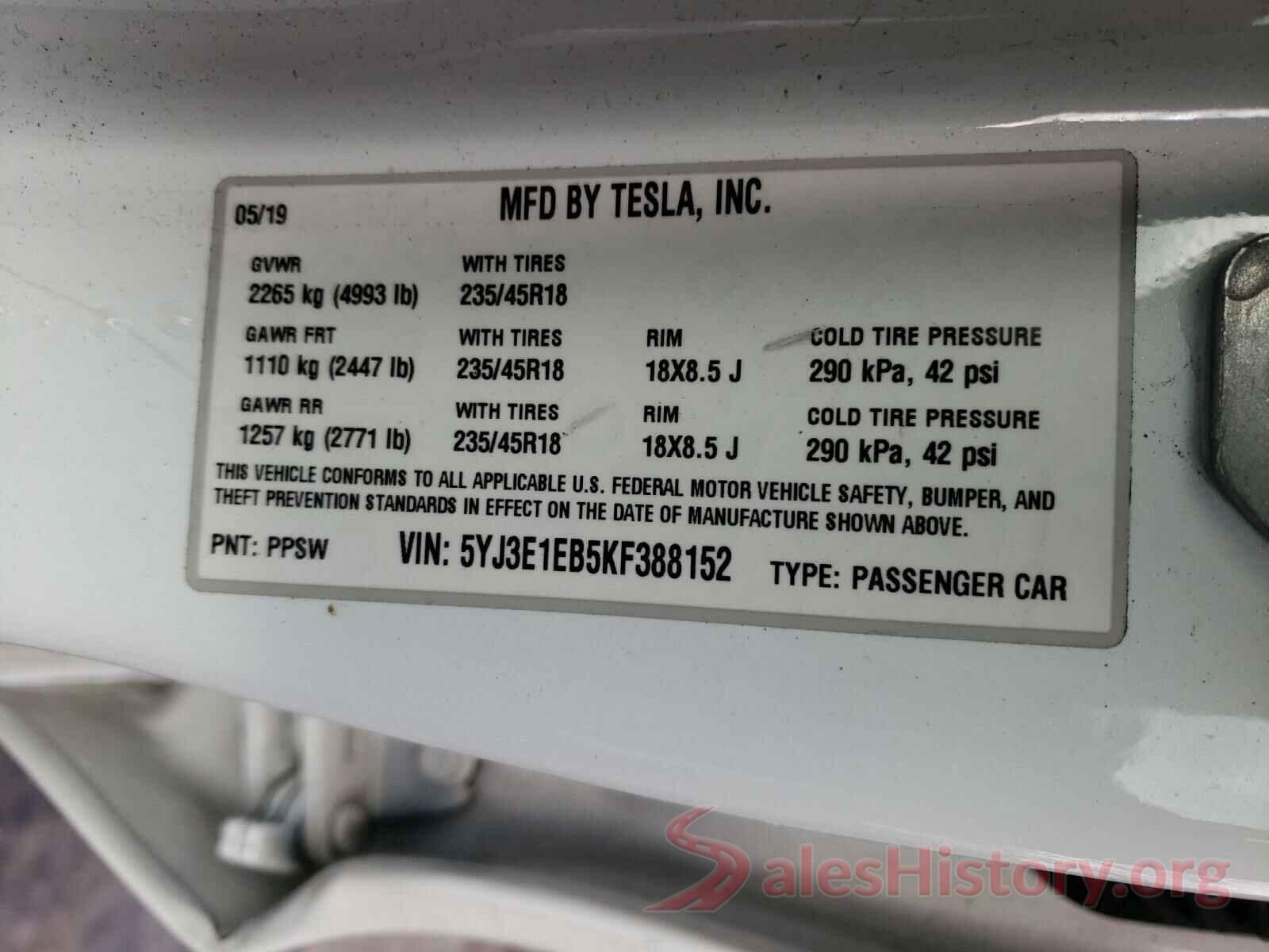 5YJ3E1EB5KF388152 2019 TESLA MODEL 3