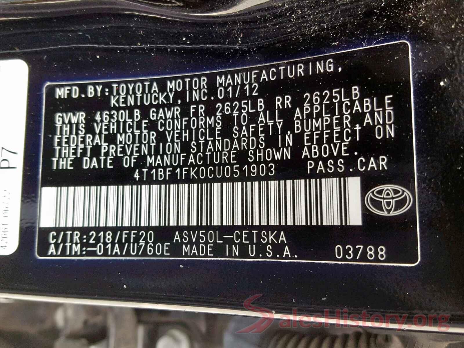 4T1BF1FK0CU051903 2012 TOYOTA CAMRY BASE