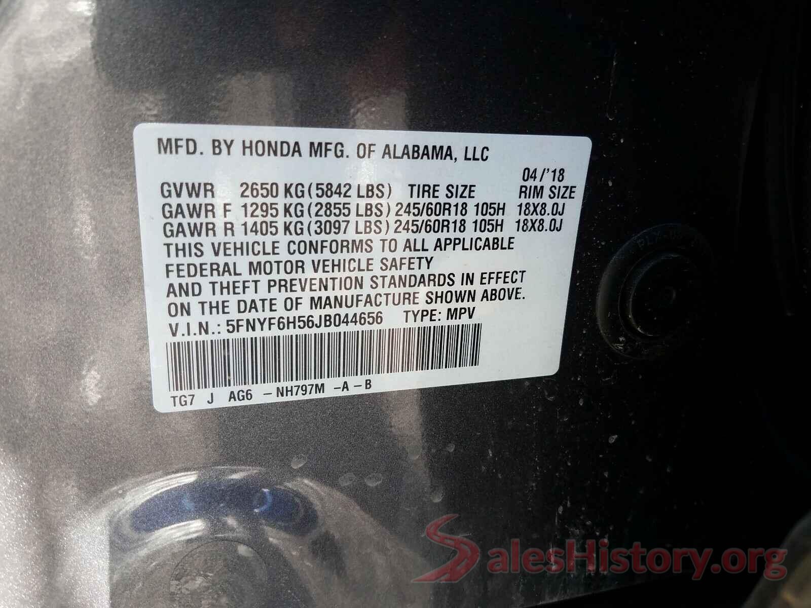 5FNYF6H56JB044656 2018 HONDA PILOT