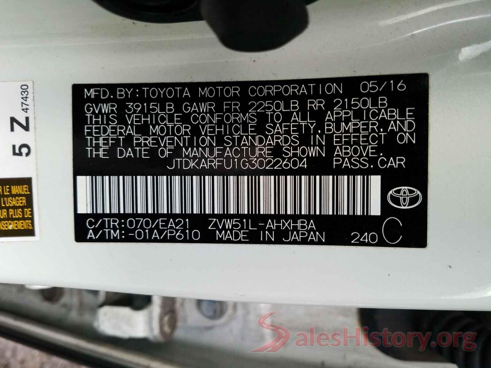 JTDKARFU1G3022604 2016 TOYOTA PRIUS