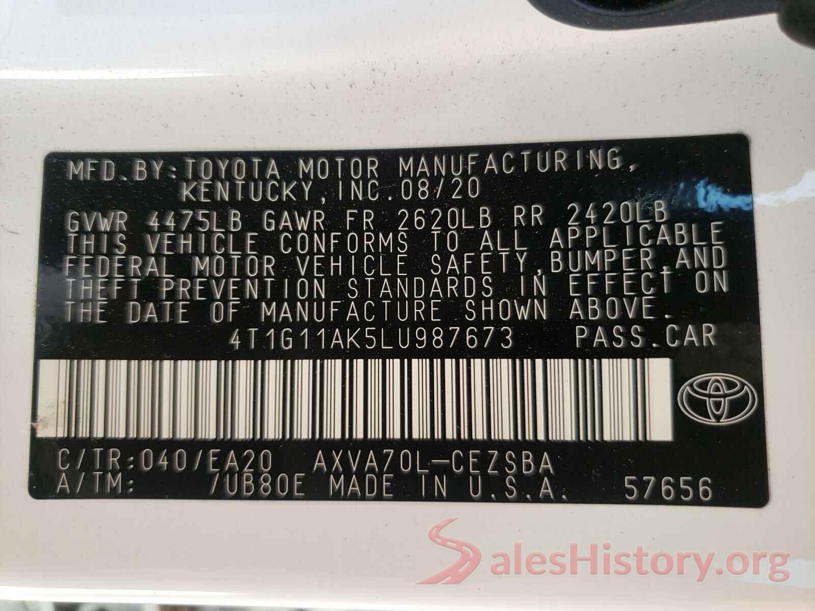 4T1G11AK5LU987673 2020 TOYOTA CAMRY