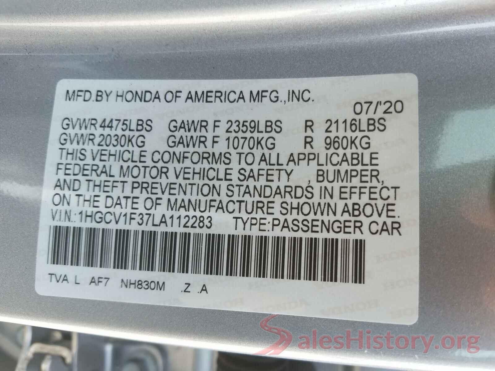 1HGCV1F37LA112283 2020 HONDA ACCORD