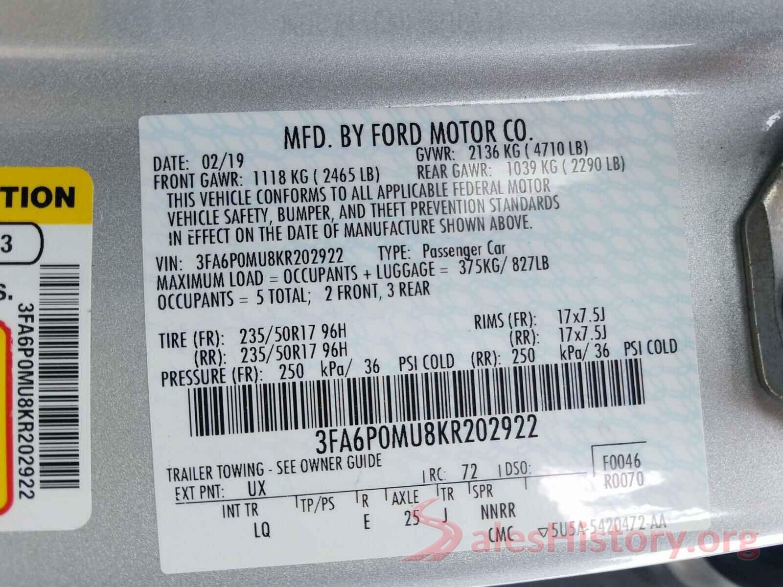 3FA6P0MU8KR202922 2019 FORD FUSION