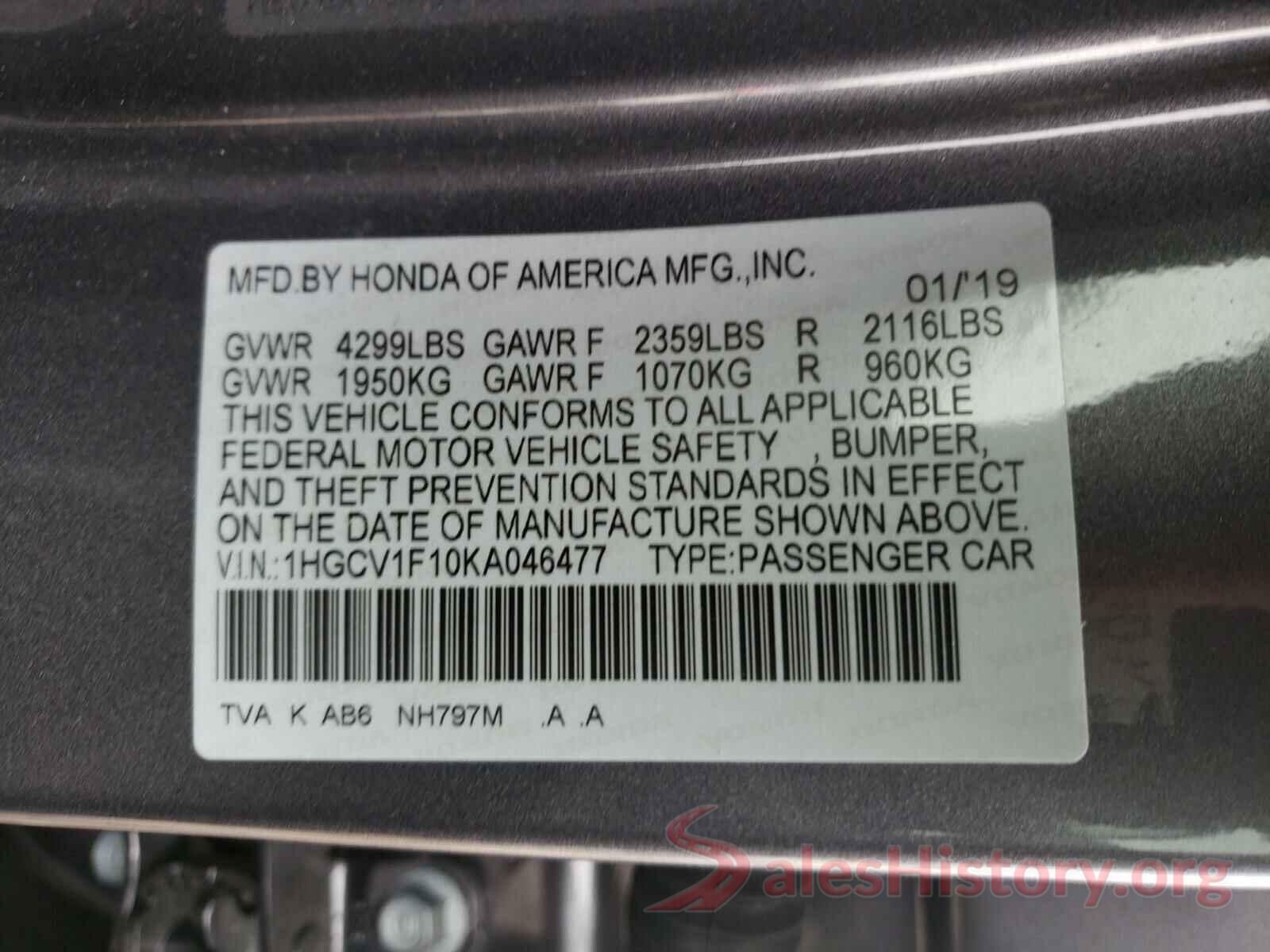 1HGCV1F10KA046477 2019 HONDA ACCORD