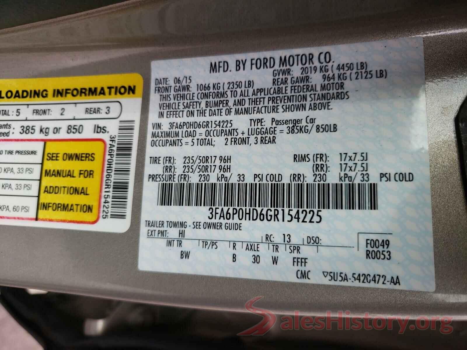 3FA6P0HD6GR154225 2016 FORD FUSION