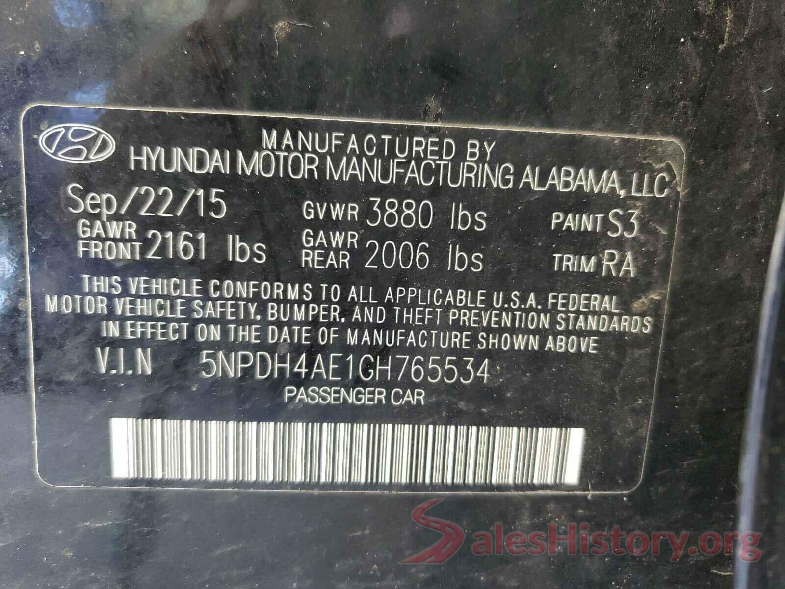 5NPDH4AE1GH765534 2016 HYUNDAI ELANTRA