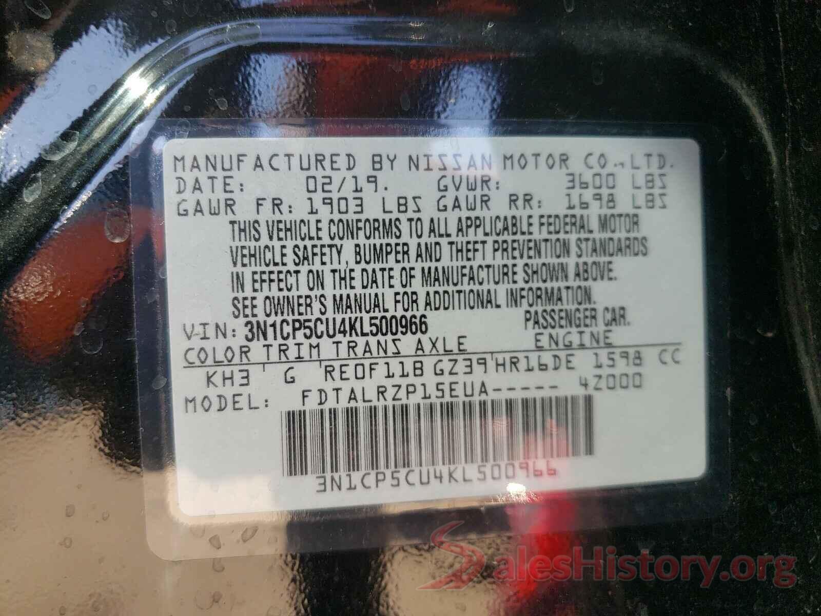 3N1CP5CU4KL500966 2019 NISSAN KICKS