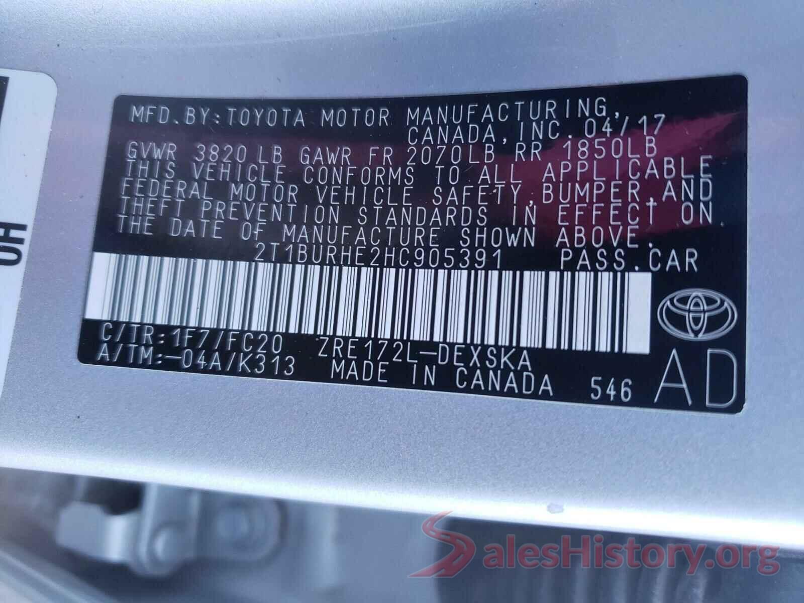 2T1BURHE2HC905391 2017 TOYOTA COROLLA