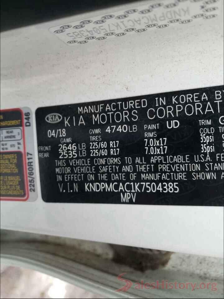 KNDPMCAC1K7504385 2019 KIA SPORTAGE