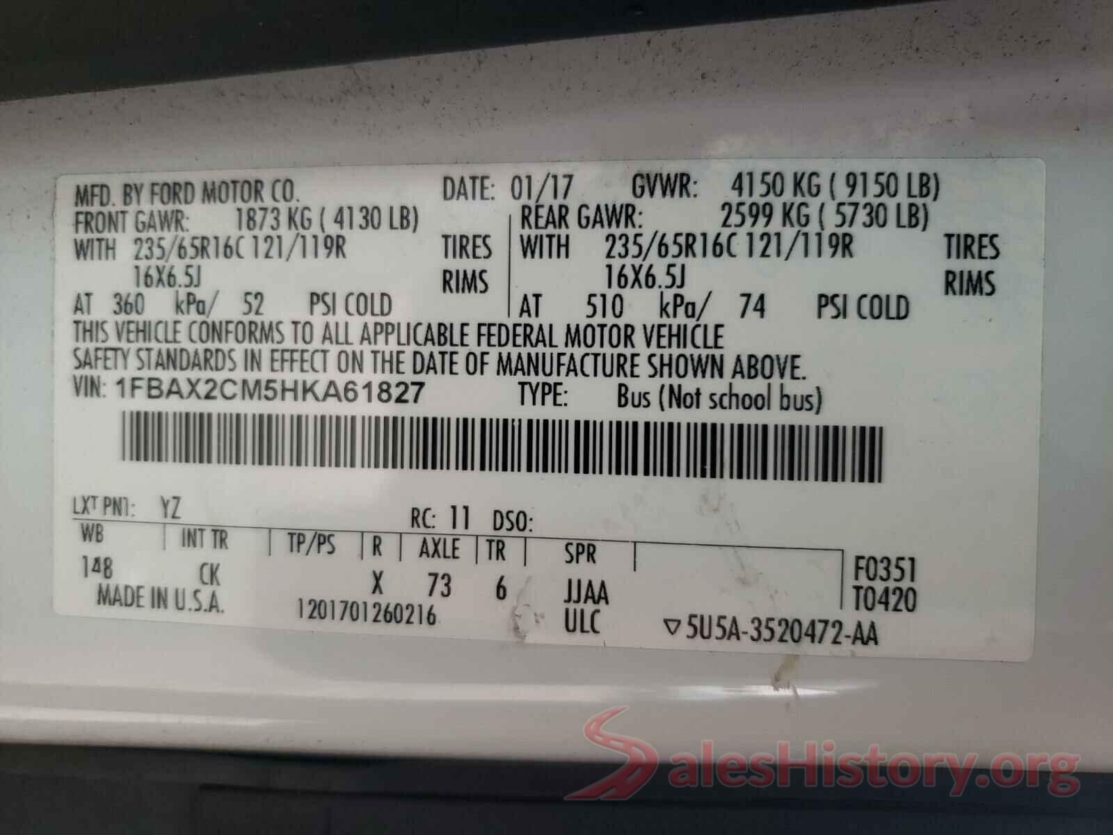 1FBAX2CM5HKA61827 2017 FORD TRANSIT CO