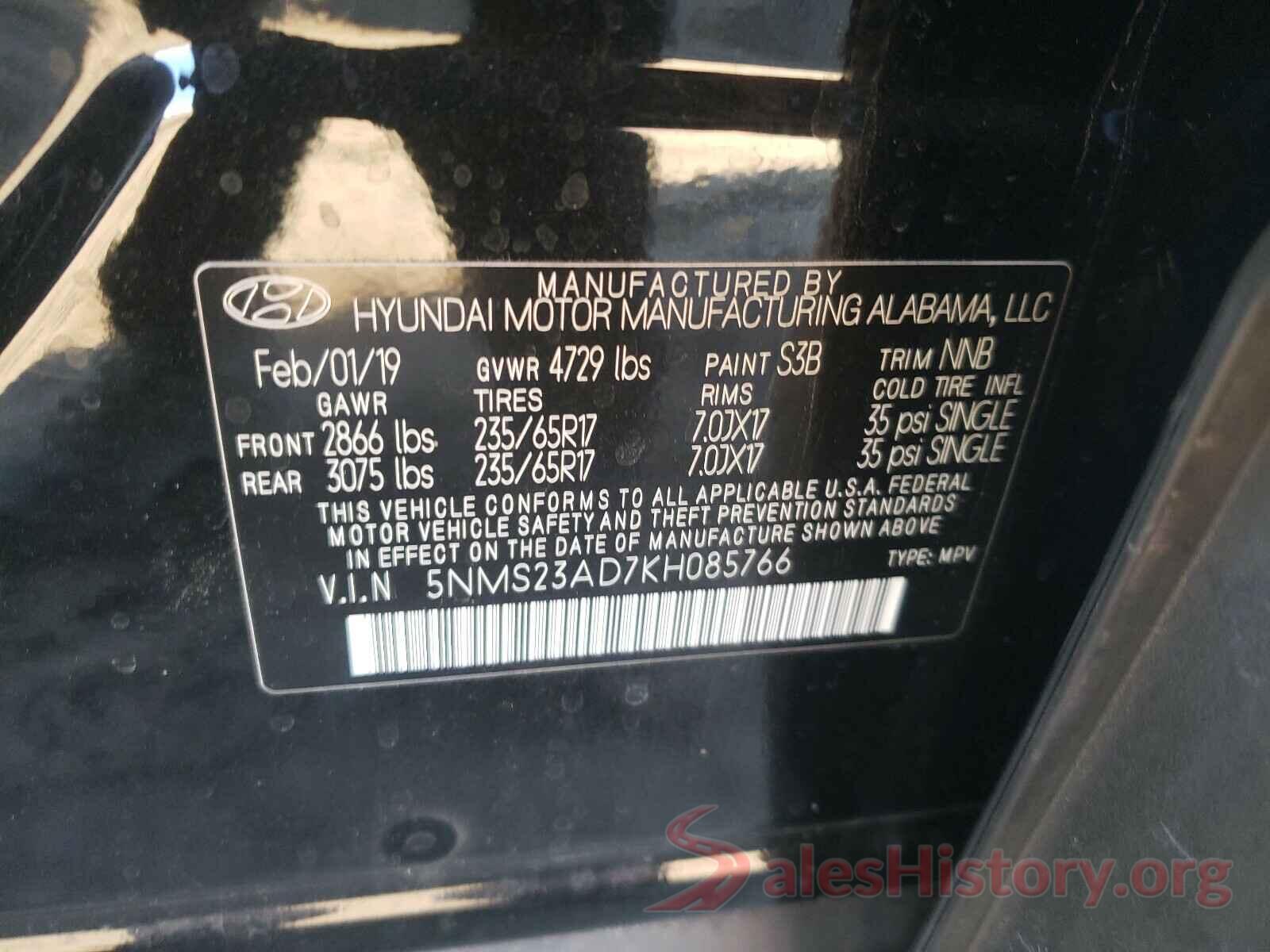 5NMS23AD7KH085766 2019 HYUNDAI SANTA FE